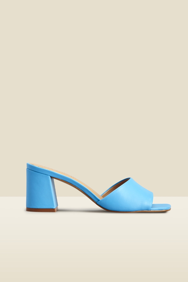 Fern Azure Blue Leather Block Heel Mules