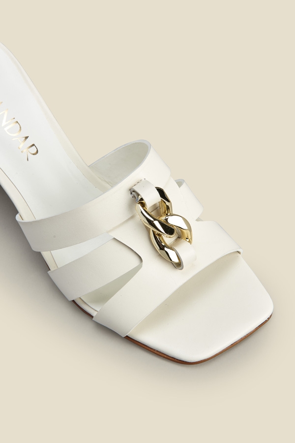 Leia White Leather Block Heel Chain Detail Mules