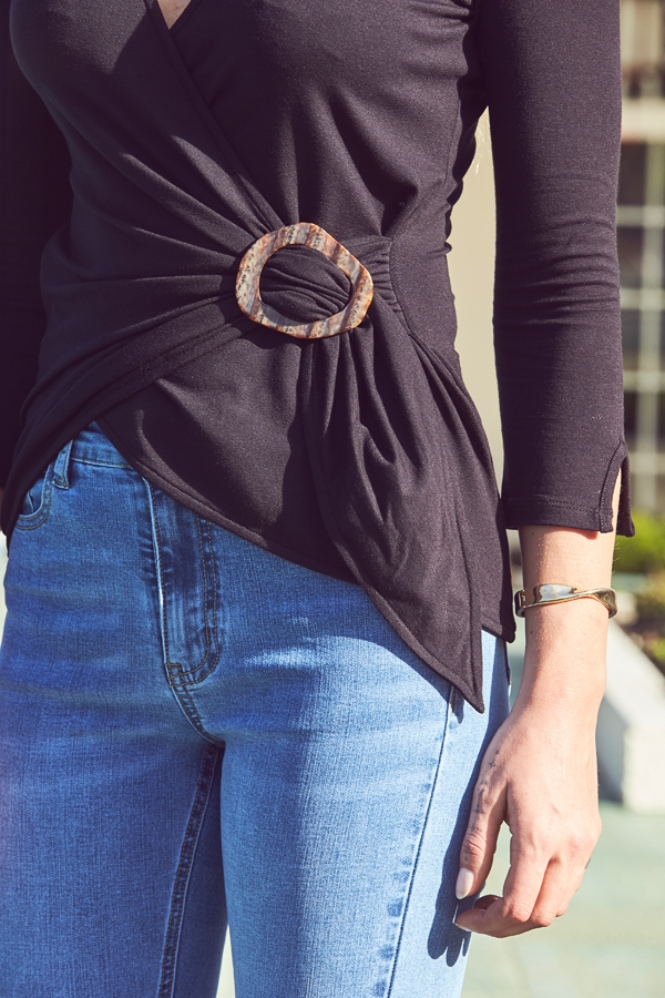 Black Hoop Detail Wrap Jersey Top