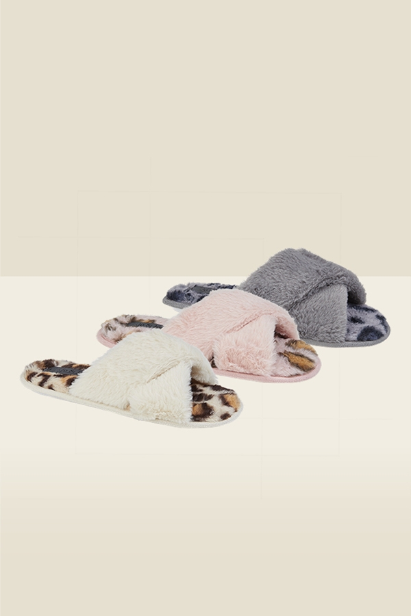 Pink Leopard Print Cross Strap Faux Fur Mule Slippers