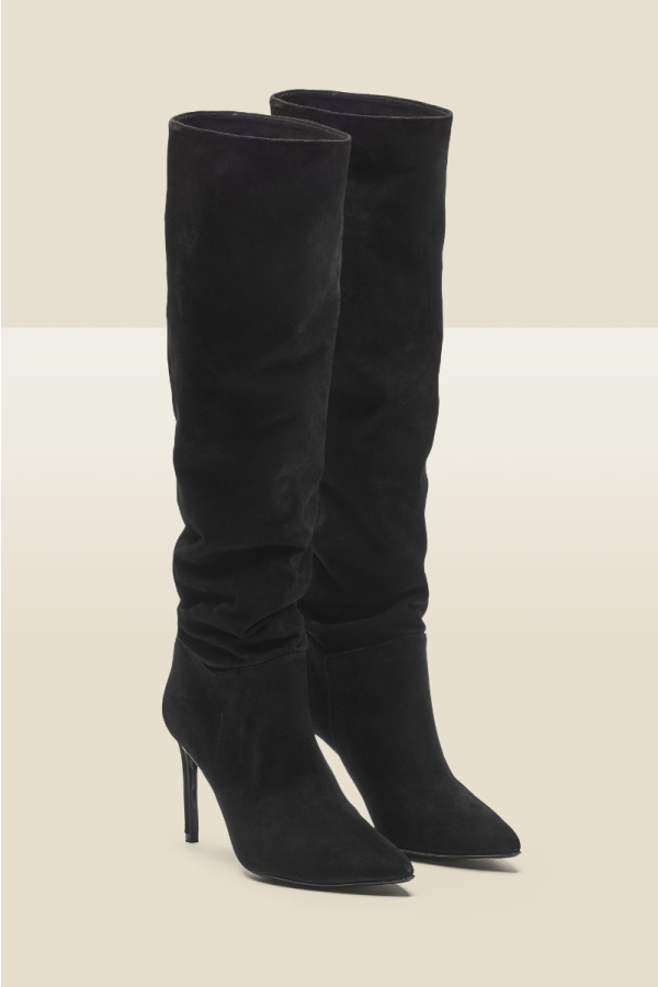 Belle Black Suede Heeled Slouch High Leg Boot