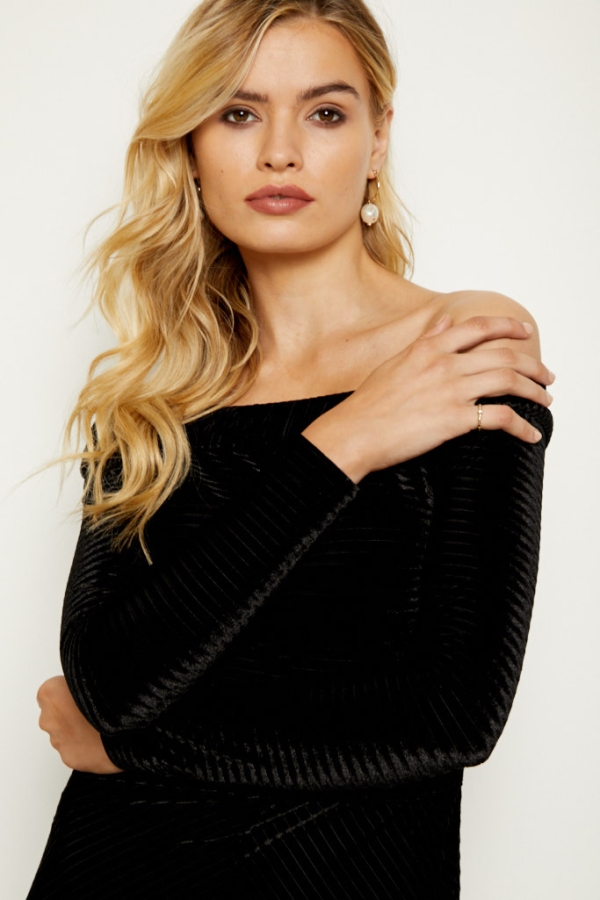 Black Textured Velvet Bardot Midi Dress