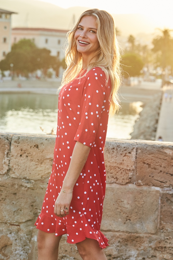 Red & White Spot Print Ruffle Hem Shift Dress