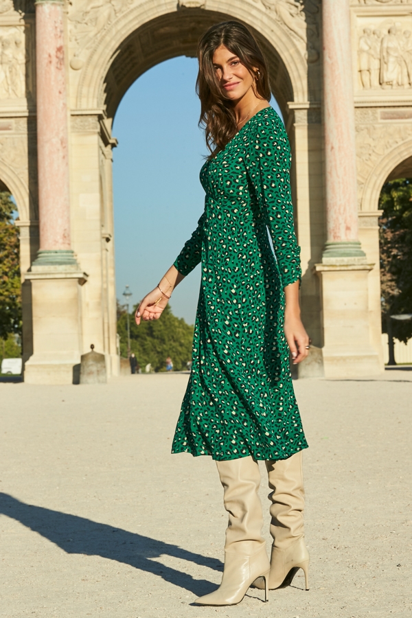 Green Animal Print Ruched Front Midi Dress