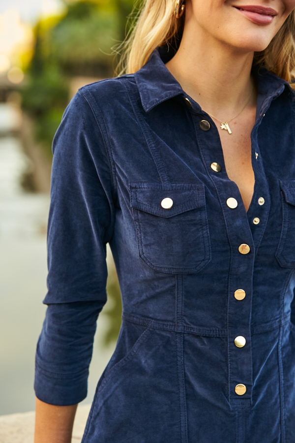 Navy Blue Luxe Velvet Popper Front Dress