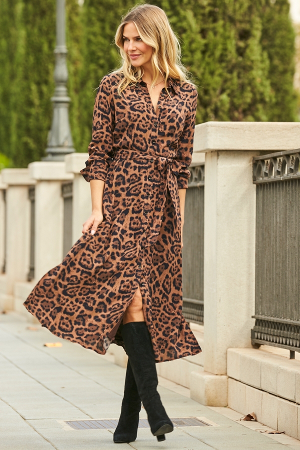 Leopard Print Midi Shirt Dress With Belt