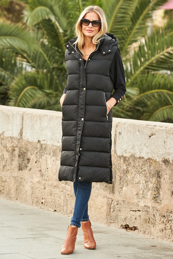Black Longline Padded Hooded Gilet With Pockets