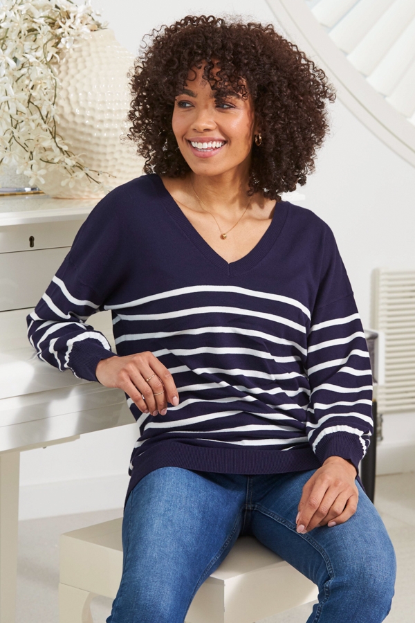 Navy Blue & White Stripe V Neck Fine Knit Jumper