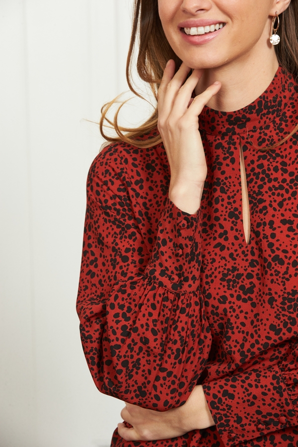 Red & Black Spot Print Keyhole Detail Relaxed Fit Top