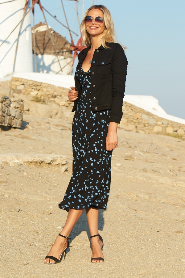 Black & Blue Floral Print Ruched Neck Midi Jersey Dress