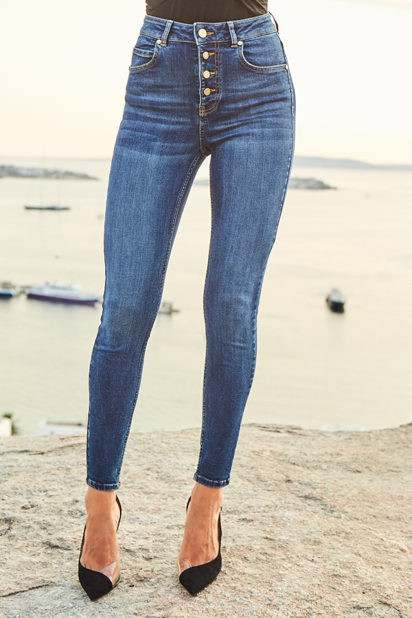 Indigo Blue Button Front Skinny Jeans