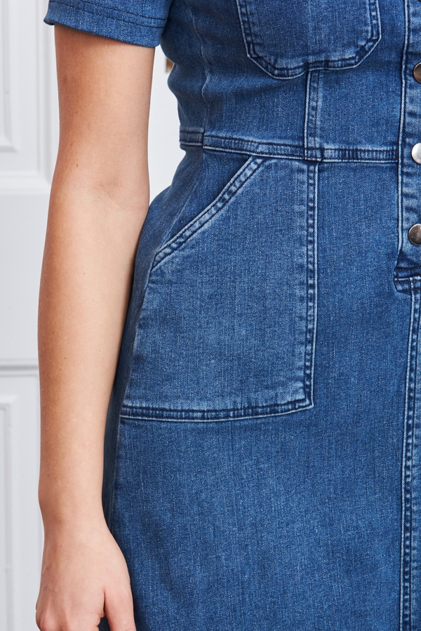 Indigo Blue Popper Front Short Sleeve Stretch Denim Dress