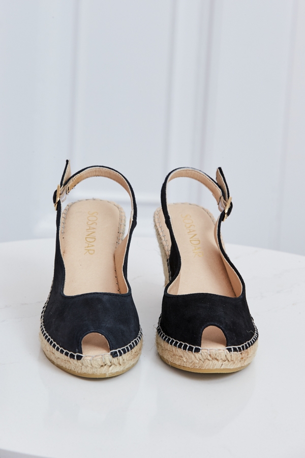 Poppy Black Suede Peep Toe Wedge Espadrille