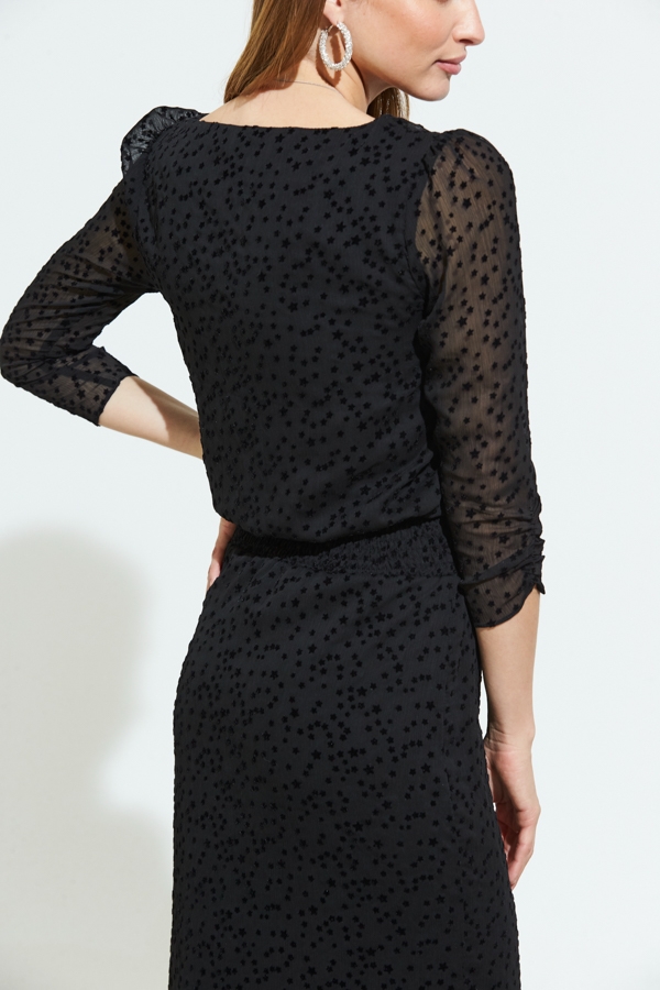 Black Flock Spot Detail Shirred Waist Mesh Dress