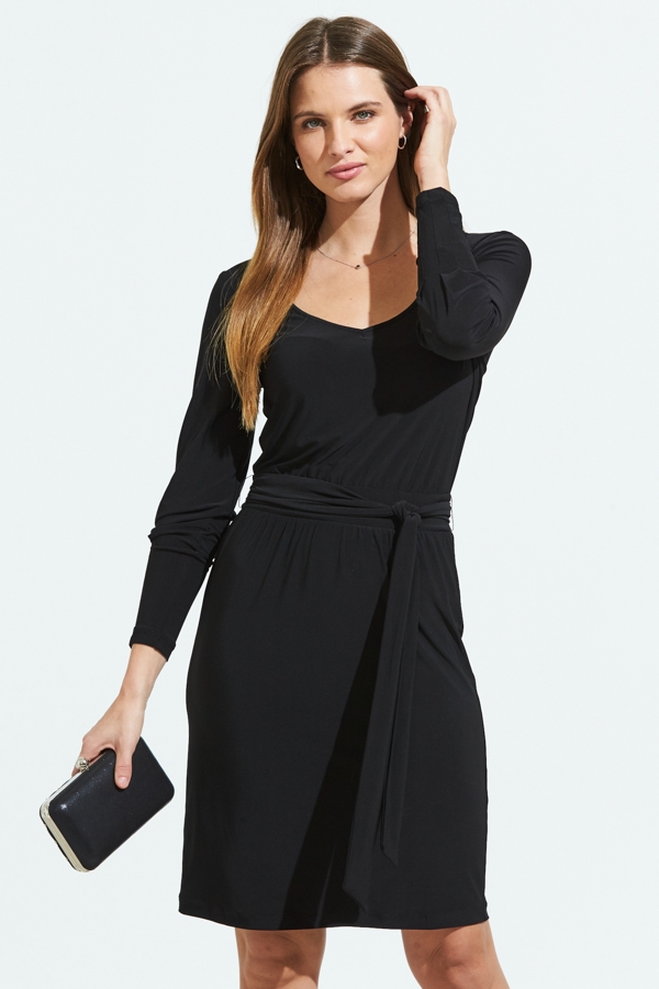 Black Jersey Tie Waist Long Sleeve Dress