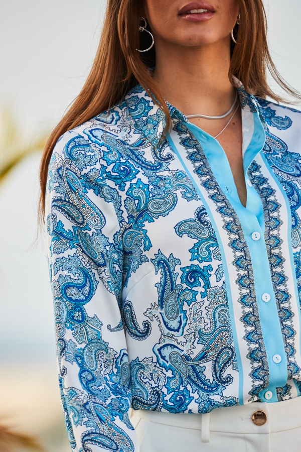 Blue Scarf Print Satin Shirt
