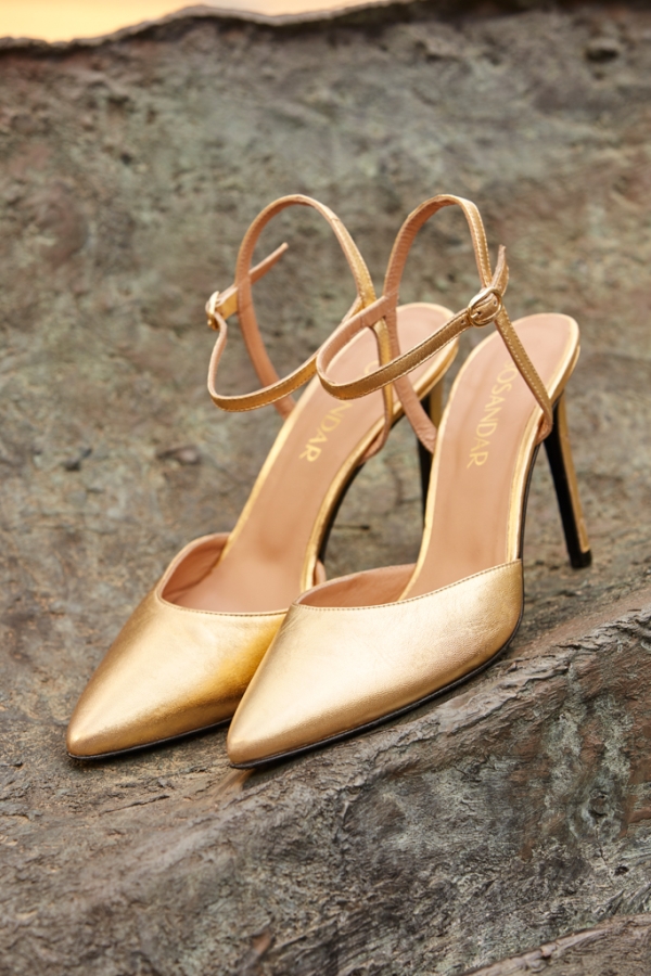 Cosmic Gold Leather Strap Point Heel Shoe