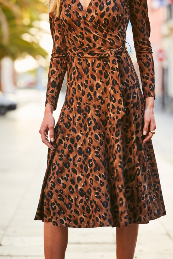 Leopard Print Midi Wrap Jersey Dress