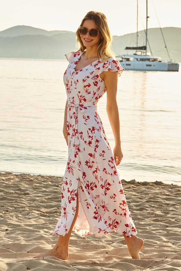 Ivory & Red Floral Print Ruffle Shoulder Maxi Dress