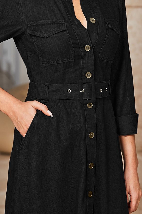 Black Denim Fit & Flare Midi Shirt Dress