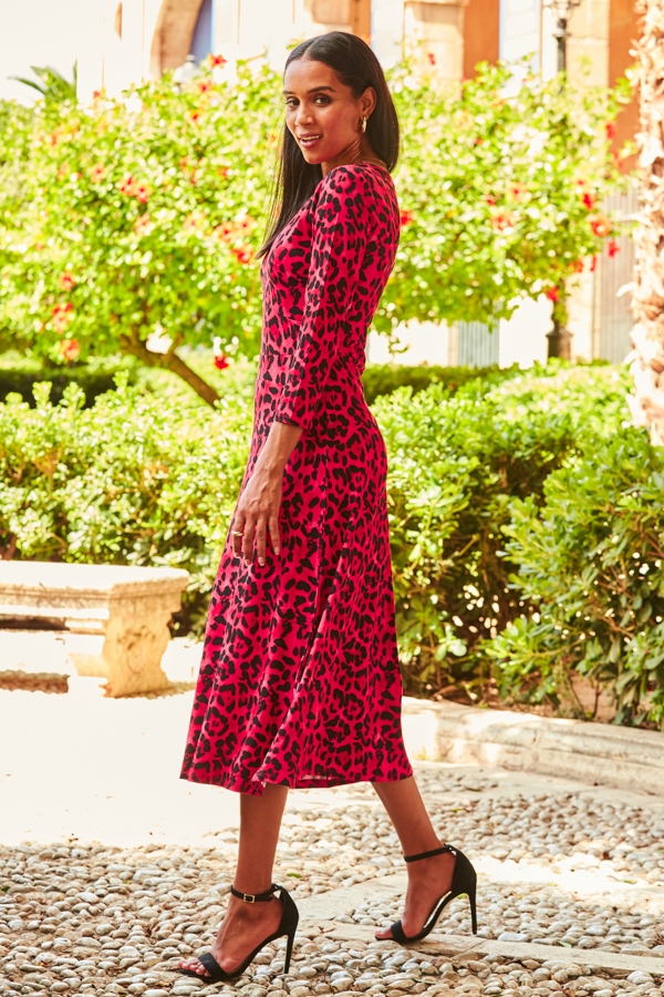 Hot Pink Animal Print Jersey Midi Dress
