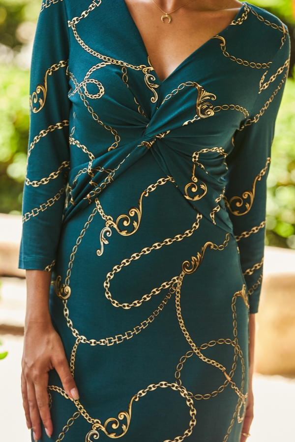 Green & Gold Chain Print Knot Front Midi Jersey Dress