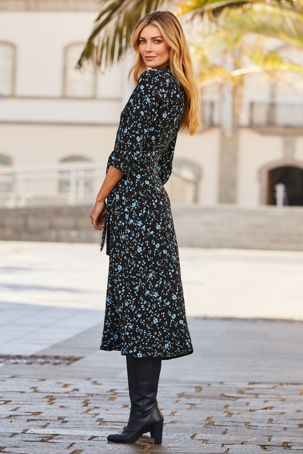 Black & Blue Ditsy Floral Print Midi Shirt Dress