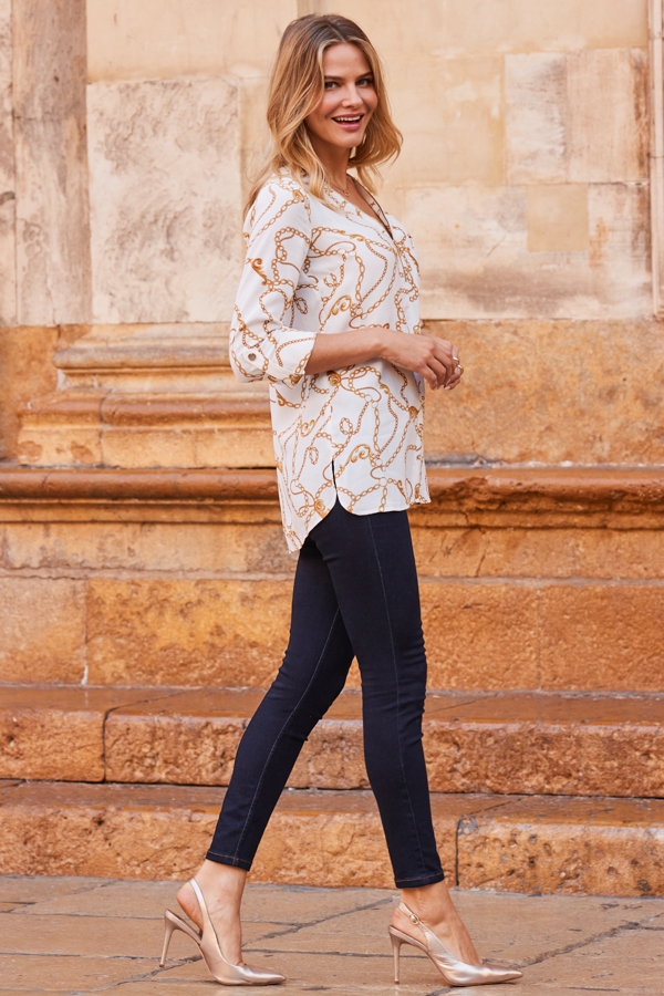 Ivory Chain Print Zip Front Tunic Top