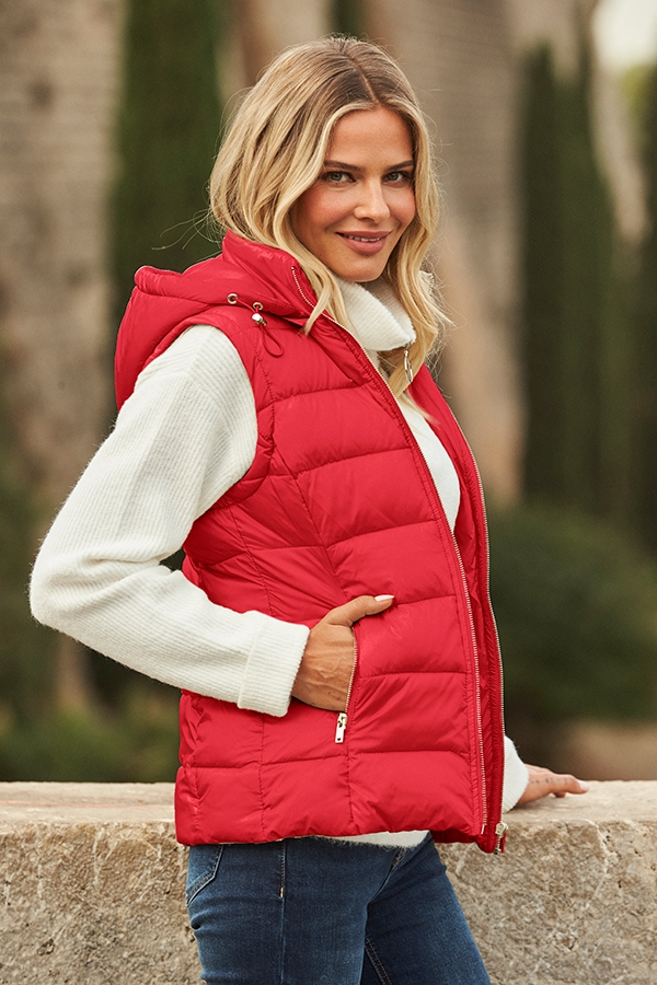 Red Hooded Padded Gilet With Zip Pockets