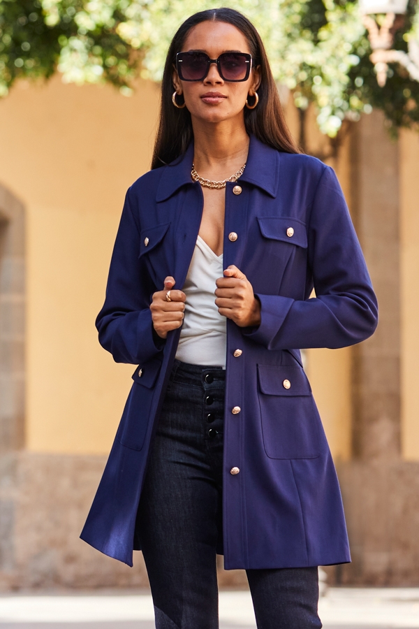Navy Blue Belted Coat With Gold Button Detail