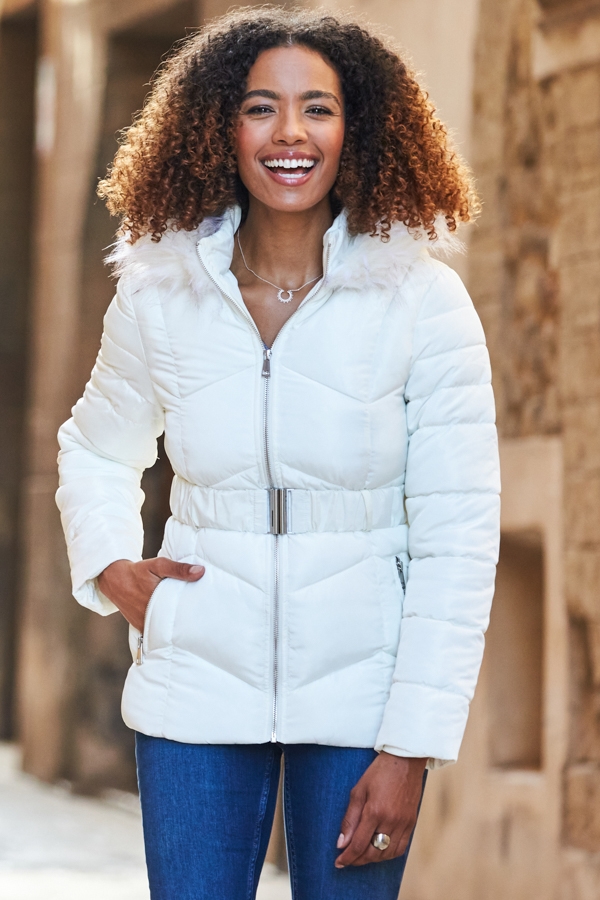 Cream Faux Fur Trim Padded Coat With Belt