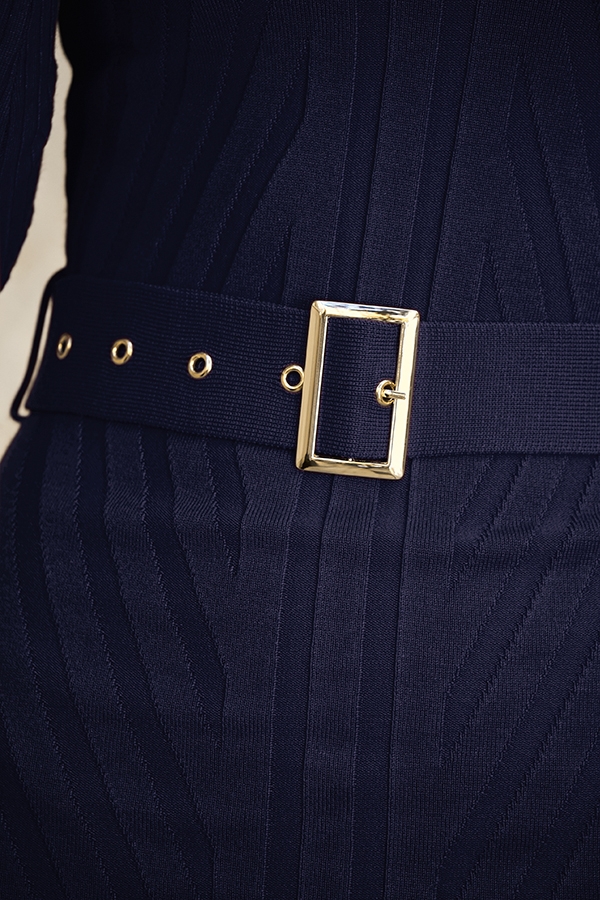 Navy Blue Belted Knitted Midi Dress