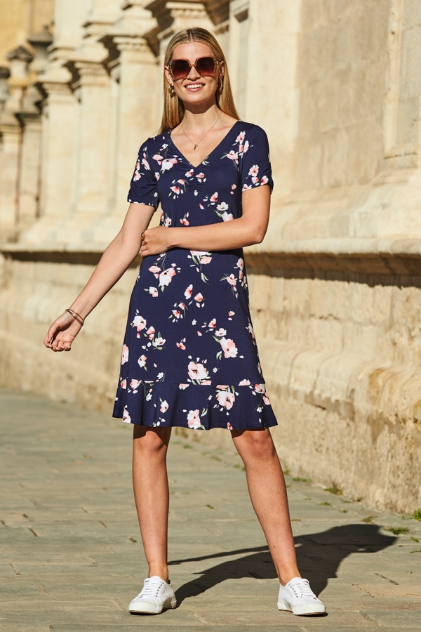 Navy Blue Floral Print Short Sleeve Fit & Flare Jersey Dress
