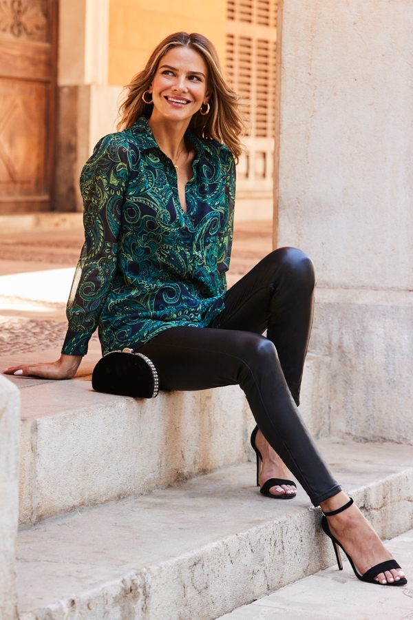 Green Paisley Print Sheer Sleeve Shirt