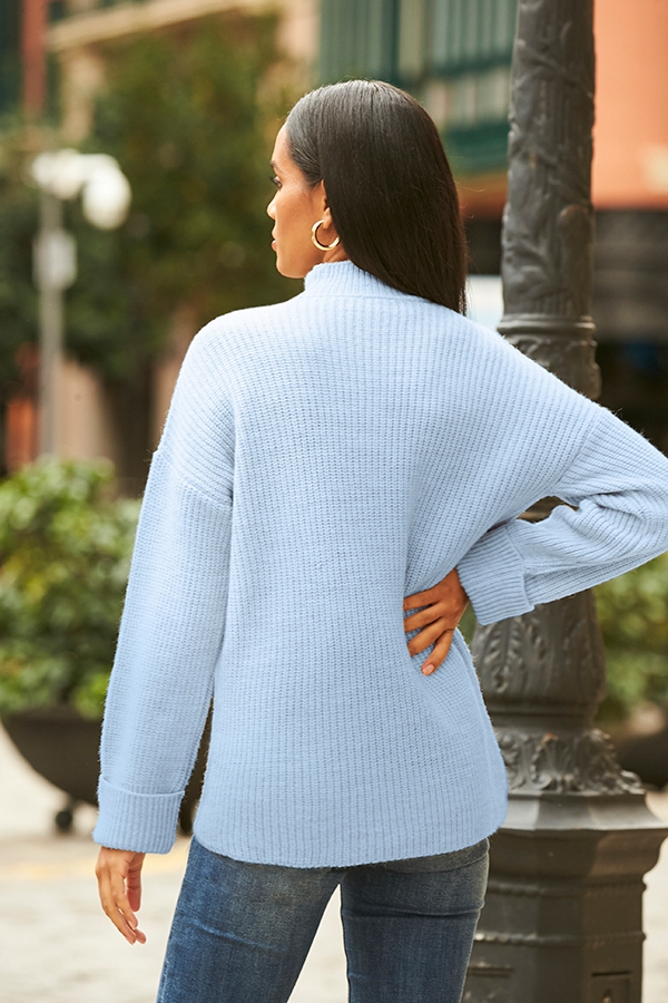 Pale Blue High Neck Folded Cuff Jumper