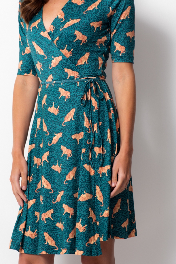 Green Jaguar Print Faux Wrap Jersey Dress
