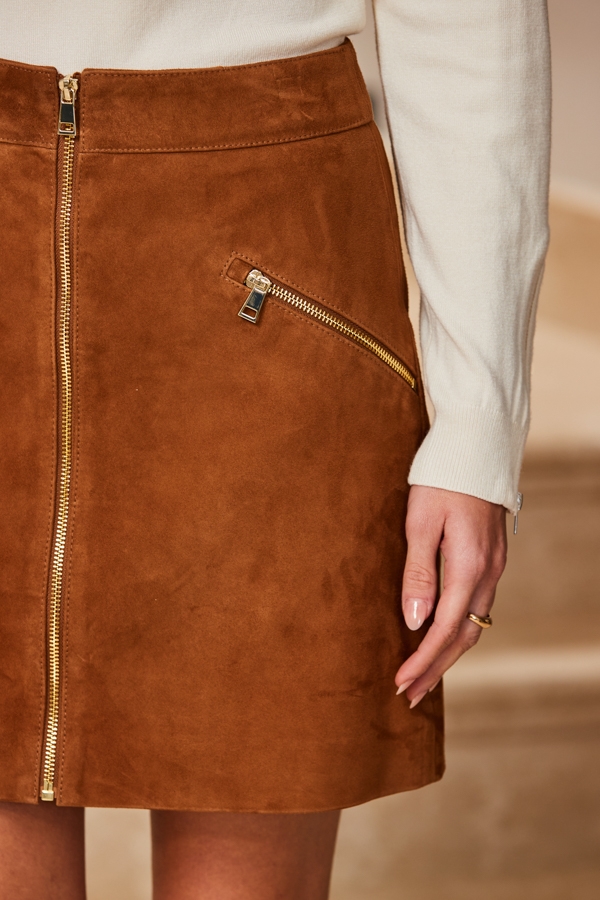 Tan Suede Zip Front A-Line Skirt