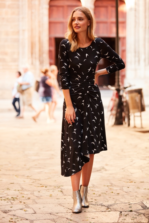 Black & White Bird Print Asymmetric Hem Dress