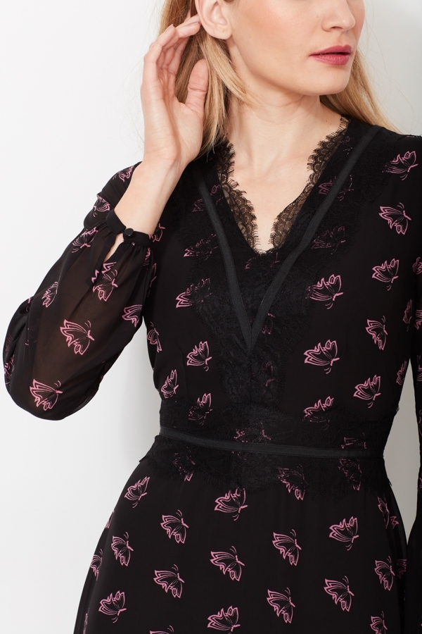 Black Butterfly Print Fit & Flare Dress 