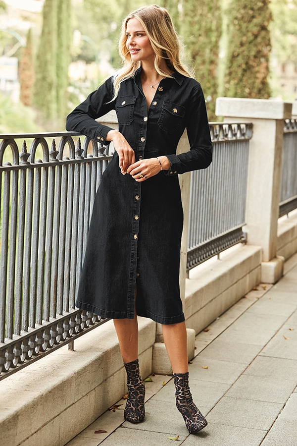 Black Denim Button Front Midi Dress