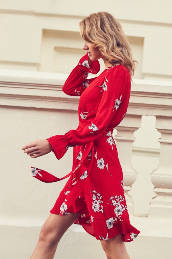 Red & White Floral Faux Wrap Dress