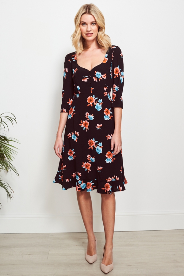 Black Floral Print Sweetheart Neck Dress