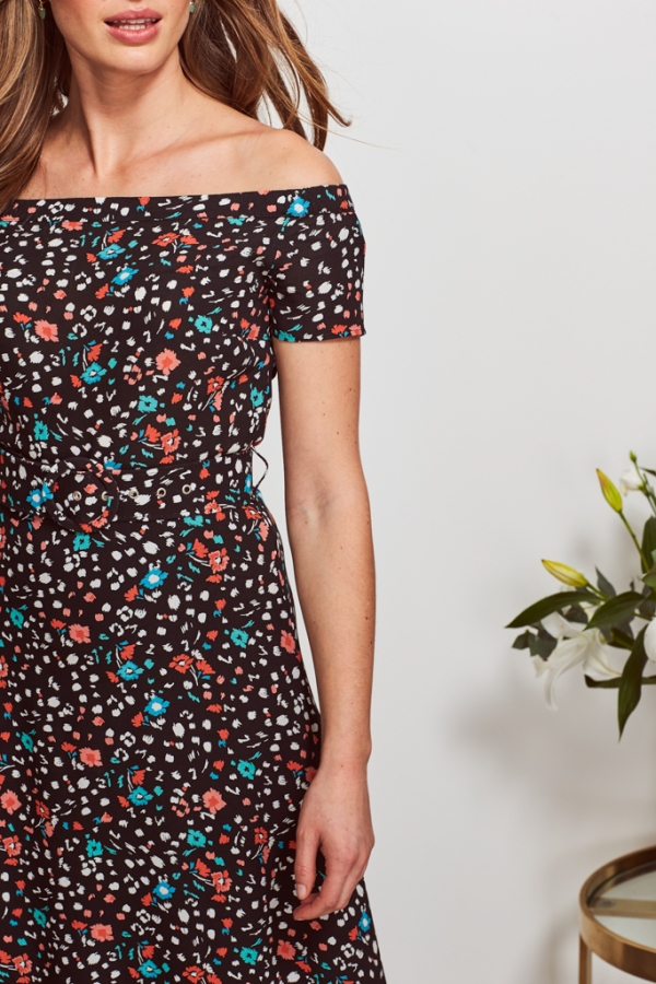 Black Ditsy Floral Print Belted Bardot Dress