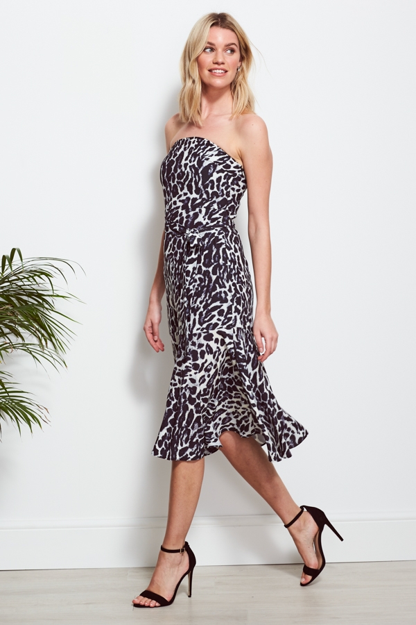 Black & White Animal Print Belted Bandeau Dress