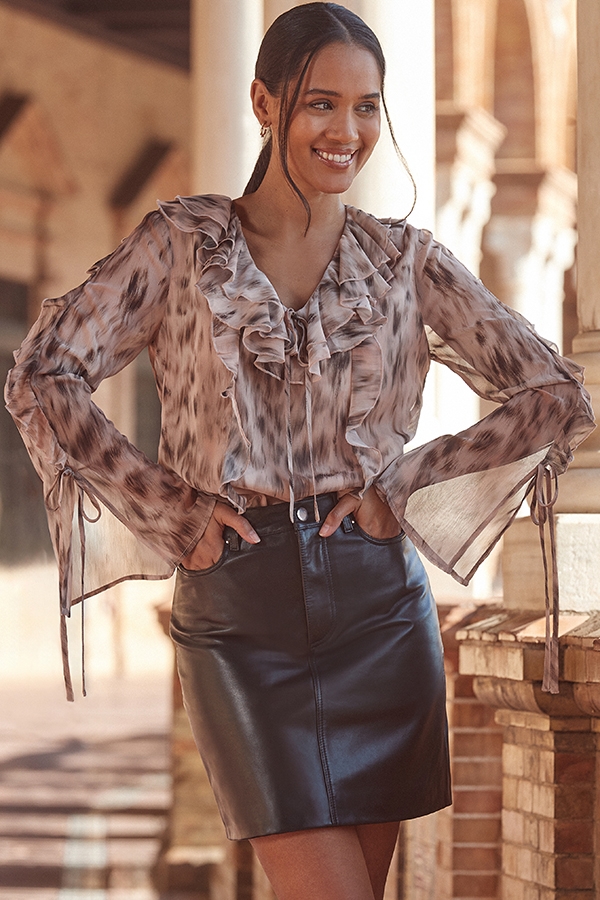 Natural Animal Print Ruffle Detail Blouse
