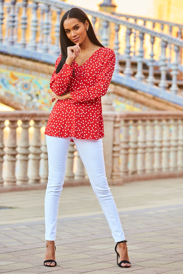 Red & White Spot Print Ruched Front Top