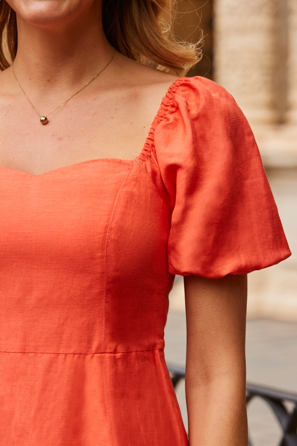 Coral Linen Blend Fit & Flare Midi Dress