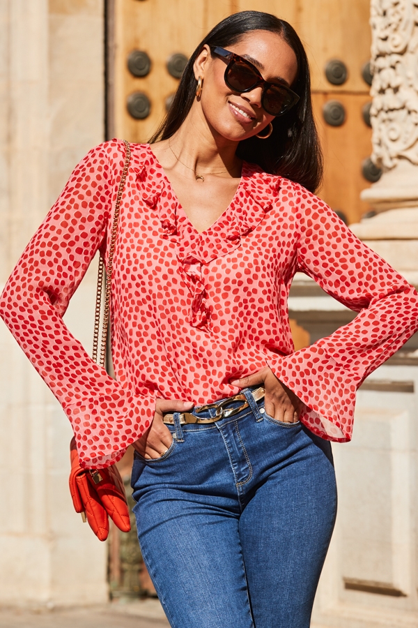 Pink Spot Print Ruffle Sleeve Fluted Cuff Blouse