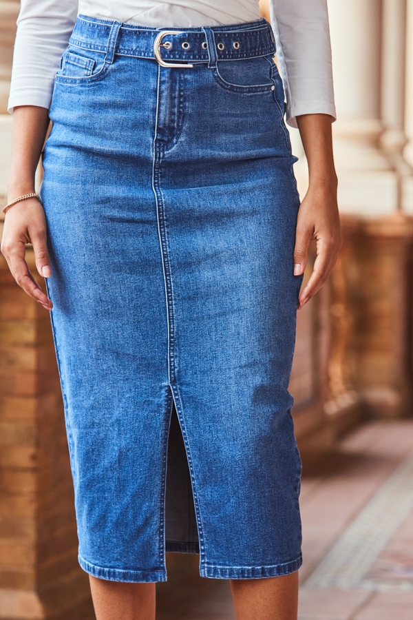 Mid Blue Denim Buckle Detail Midi Skirt
