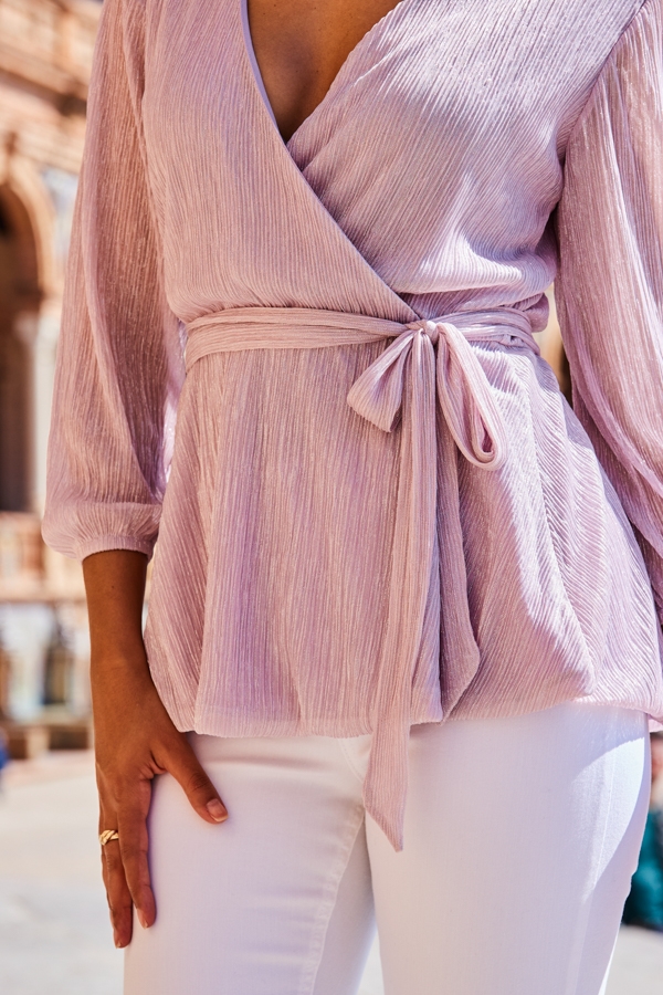 Soft Pink Plisse Tie Waist Wrap Jersey Top